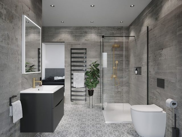 Modern bathroom with walk-in shower and brass fittings