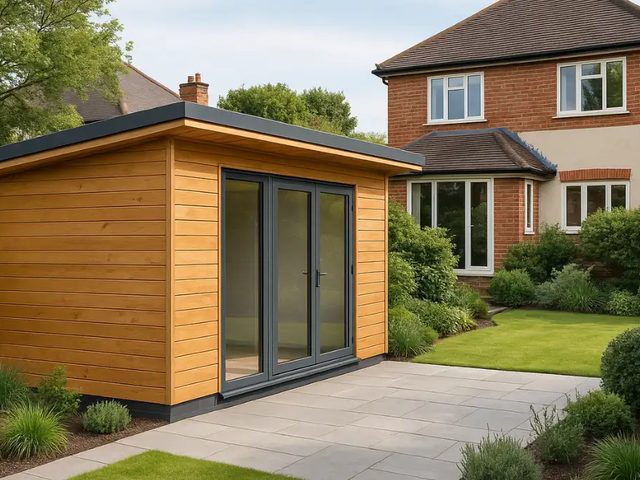 Timber-clad garden room outbuilding with bifold doors
